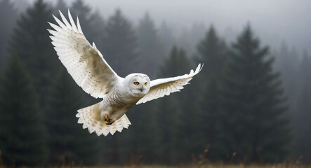 Poster - White owl flying through misty forest background