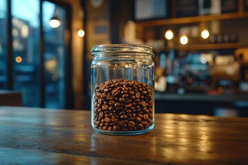 Wall Mural - Glass Jar Filled with Roasted Coffee Beans on Wooden Counter