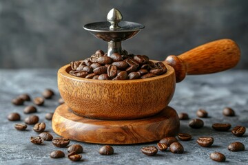 Wall Mural - Wooden Bowl Filled with Roasted Coffee Beans and a Silver Top