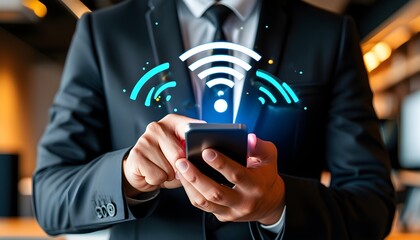 Wall Mural - Businessman Engaged with Smartphone in Office, Highlighting Modern Technology and Wireless Connectivity