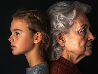 A side-profile portrait of two women, one younger and one older, both with thoughtful expressions, their age differences subtly visible