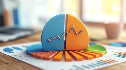 Leinwandbilder - A segmented 3D pie chart in shades of blue, orange, and green, floating in front of a business analyst, with arrows and icons showing trends and insights