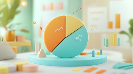 Aufkleber - A segmented 3D pie chart in shades of blue, orange, and green, floating in front of a business analyst, with arrows and icons showing trends and insights