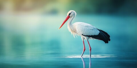 Wall Mural - A graceful stork stands elegantly in the shallow waters. The calm surface reflects the vibrant colors of nature. 