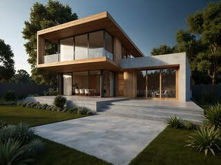 Wall Mural - Modern home design with blueprints in a lush landscape.