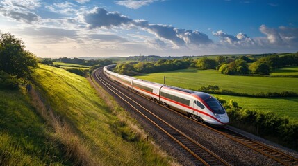 Poster - A sleek, modern train speeding along a picturesque countryside, with vibrant green fields and blue skies in the background, capturing the essence of travel.