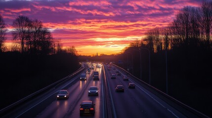 Aufkleber - A sunset scene on a motorway, with vibrant orange and purple skies illuminating the road as vehicles travel in both directions, creating a stunning contrast.