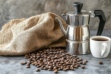 Wall Mural - Coffee Pot, Coffee Beans, and Cup of Coffee on a Gray Surface