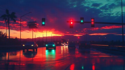 Poster - A sunset scene featuring a traffic light changing from red to green, casting colorful reflections on nearby vehicles and highlighting the transition of the day.