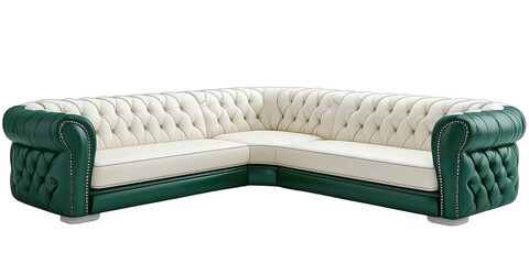 L shape luxury emerald and white leather sofa set with elegant leather buttons pattern isolated on transparent background 