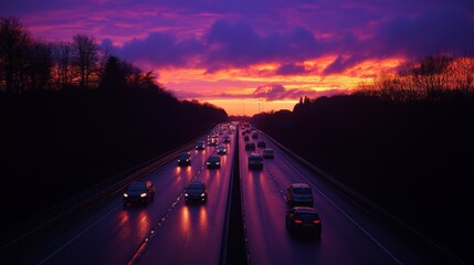Aufkleber - A sunset scene on a motorway, with vibrant orange and purple skies illuminating the road as vehicles travel in both directions, creating a stunning contrast.
