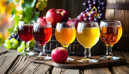 Wall Mural - Artisanal craft ciders displayed in colorful glasses on a rustic wooden table, complemented by fresh apples and grapes as a nod to their natural ingredients