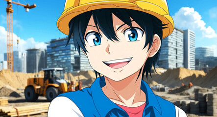 Canvas Print - Happy anime character in construction site background smiling with hard hat