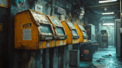 Wall Mural - Rusty Machines in a Dark and Abandoned Industrial Corridor