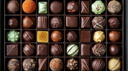 Poster - A variety of gourmet chocolates arranged neatly in a gift box, featuring different textures and designs, from truffles to pralines, ready to be enjoyed.