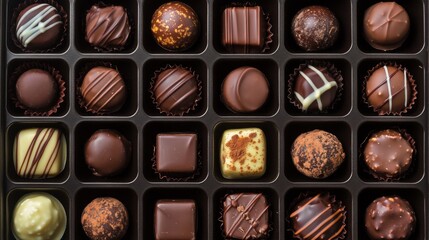 Poster - A variety of gourmet chocolates arranged neatly in a gift box, featuring different textures and designs, from truffles to pralines, ready to be enjoyed.