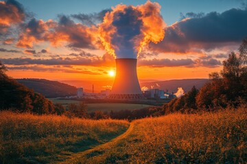 Cooling Tower at Sunset, Industrial Landscape