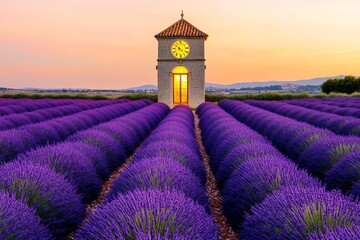 Poster - A clock tower rising from a field of lavender, with golden light streaming through the windows. The sky above is a soft pink and orange, as the sun sets and casts a warm glow over the landscape