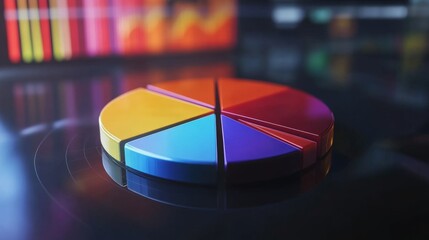 Leinwandbilder - A vibrant 3D pie chart with colorful segments floating above a digital screen, representing data analysis, with sleek reflections and dynamic lighting.
