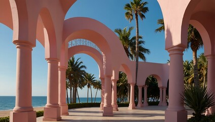 Wall Mural - Palm trees framed by pink and blue archways.