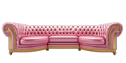 L shape luxury cerise and gold leather sofa set with elegant leather buttons pattern isolated on transparent background 