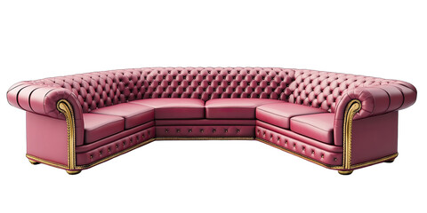 L shape luxury cerise and gold leather sofa set with elegant leather buttons pattern isolated on transparent background 