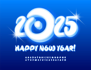 Aufkleber - Vector funny Greeting Card Happy New year 2025! Glowing handwritten Font. Illuminated set of artistic Alphabet Letters and Numbers