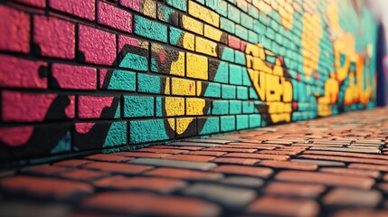 Wall Mural - Vibrant Street Art on Brick Wall and Pavement