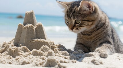 Playful Cat Building Sandcastle on Beach