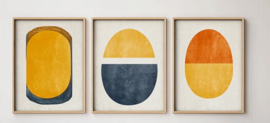 Wall Mural - set of 3 Abstract art paintings in blue, yellow, and orange tones with geometric shapes on a white background, framed in wooden frames