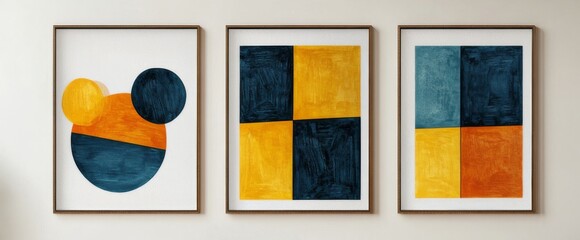 Wall Mural - set of 3 Abstract art paintings in blue, yellow, and orange tones with geometric shapes on a white background, framed in wooden frames