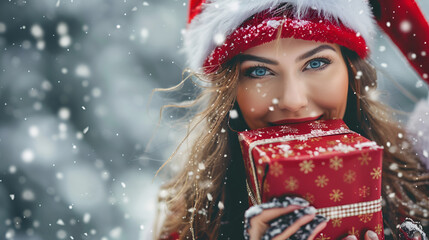 winter portrait of a santa woman in santa clothes with a christmas gift 