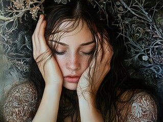 Wall Mural - Portrait of a Woman with Closed Eyes and Floral Background