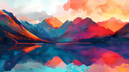 Wall Mural - Abstract art. colorful painting art of an abstract mountain landscape with lake by sunset. background illustration. generative ai. Surreal Landscape. Illustration