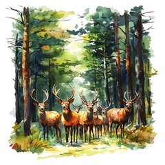 Wall Mural - A Watercolor Illustration of a Herd of Deer in the Forest.