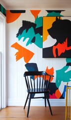 Poster - Modern Art Studio Interior with Colorful Abstract Wallpaper and Black Chair