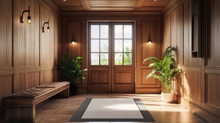 Wall Mural - Rustic interior design of modern entrance hall with wooden paneling and bench