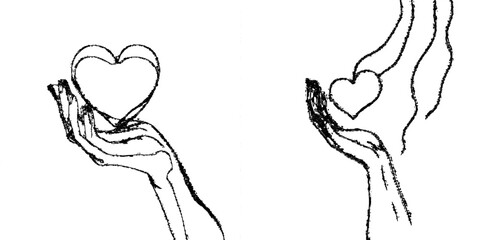 An illustration of a continuous line drawing of a hand holding a heart. Support concept. Modern illustration for charity.