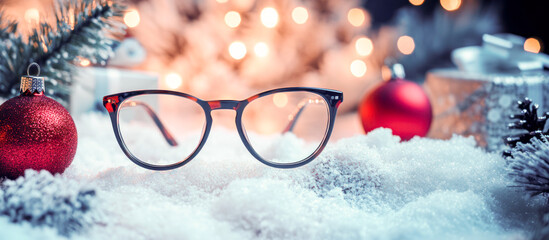 Poster - Trendy Glasses with Christmas balls and fir branches on white snow. New Christmas eyewear collection. Optic store sale banner. Winter special offer discount. Eyeglasses in plastic frame side view