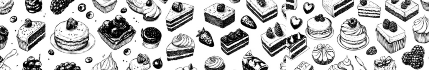 Seamless pattern of handdrawn desserts in sketch style