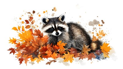 Wall Mural - Watercolor illustration A raccoon scavenging through a pile of leaves watercolor style autumn palette isolated on white background
