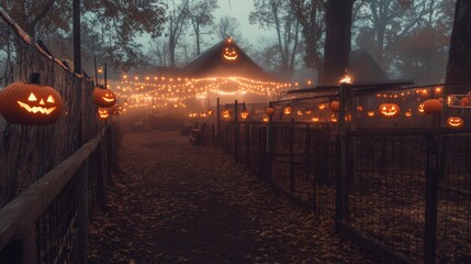 Creepy Halloween-themed petting zoo in an American town eerie fog rolling through pens