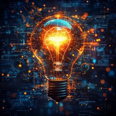 Poster - Bright Lightbulb Surrounded by Digital Gears and Elements