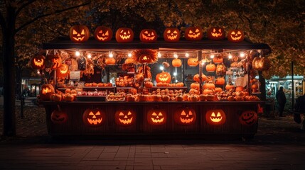 Eerie Halloween candy apple stand in an American town square glowing jack-o-lanterns lining the booth