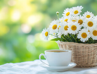  A cup of tea and a small basket with daisies on the table against a green spring background. 