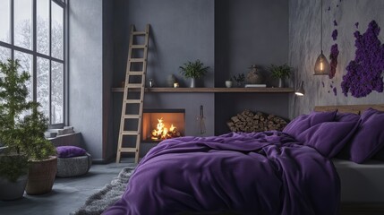 Wall Mural - Scandinavian interior design of modern bedroom Bed with purple bedding and wooden ladder shelf near fireplace