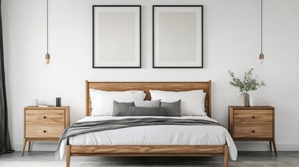 Scandinavian interior design of modern bedroom Natural wood bed and bedside cabinets against wall with two poster frames