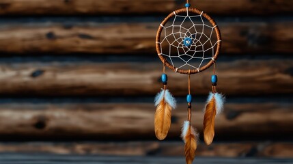 Dreamcatcher with feathers and beads hanging against a wooden background.