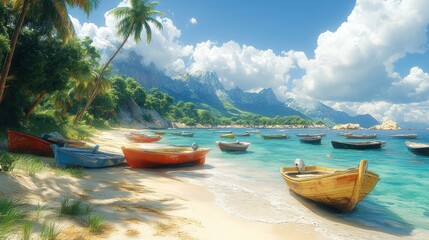 Tropical beach scene with boats and lush greenery.