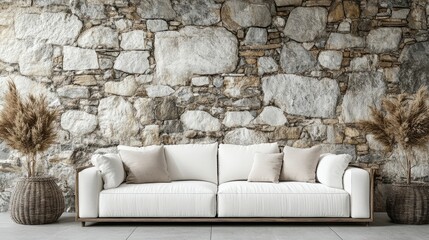 White sofa against wild stone cladding wall with frame Minimalist boho interior design of modern living room, home